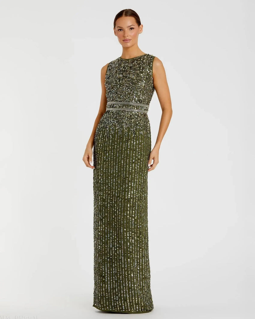 Olive Sequined High Neck Sleeveless Column Gown