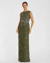 Olive Sequined High Neck Sleeveless Column Gown