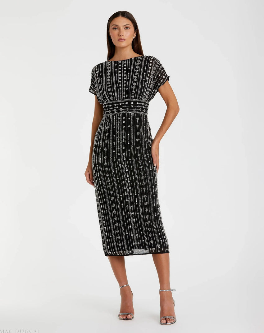 Black Beaded Cap Sleeve Empire Waist Sheath Midi Dress