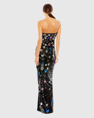 Black Floral Embellished Strapless Column Gown