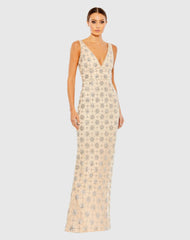 Beige Sleeveless Hand Beaded V-Neck Gown