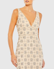 Beige Sleeveless Hand Beaded V-Neck Gown