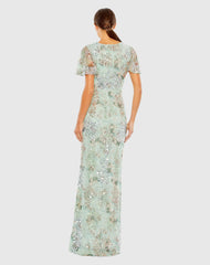 Green Flutter Sleeve Embellished Evening Gown