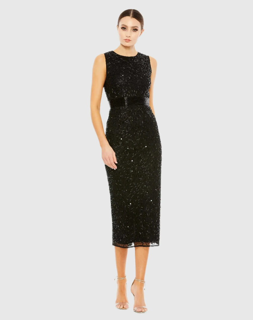 Black Geometric Embellished Sleeveless Sheath Dress
