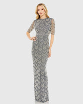 Gray Beaded Fringe Quarter Sleeve Column Gown - FINAL SALE