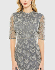 Gray Beaded Fringe Quarter Sleeve Column Gown - FINAL SALE