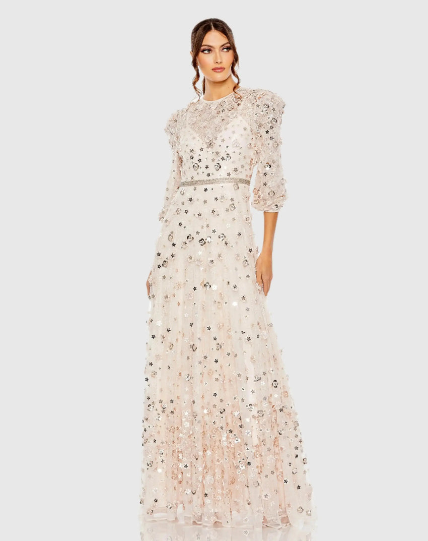 Pink Floral Applique Puff Sleeve High Neck A-Line Gown
