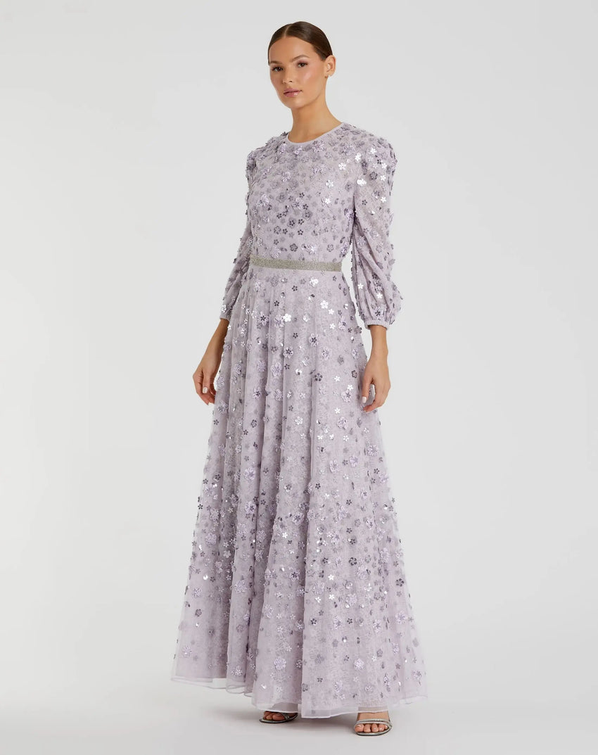 Purple Floral Applique Puff Sleeve High Neck A-Line Gown