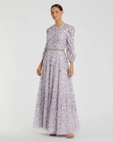 Purple Floral Applique Puff Sleeve High Neck A-Line Gown