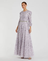 Purple Floral Applique Puff Sleeve High Neck A-Line Gown