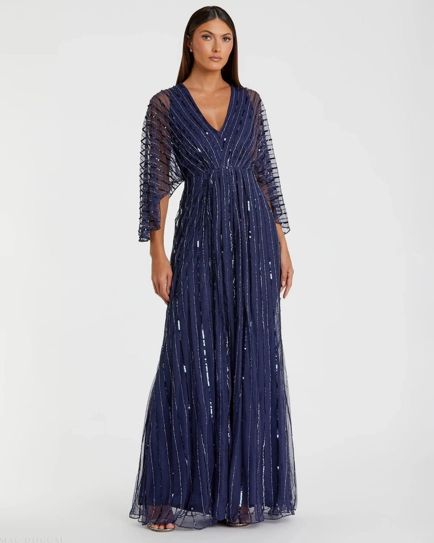 Beaded Striping Kimono Sleeve V Neck Gown
