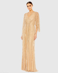Beige Beaded Striping Kimono Sleeve V Neck Gown - FINAL SALE