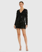 Black Long Sleeve Beaded Fringe V-Neck Mini Dress
