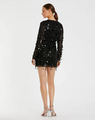 Black Long Sleeve Beaded Fringe V-Neck Mini Dress