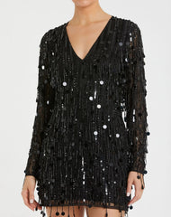 Black Long Sleeve Beaded Fringe V-Neck Mini Dress