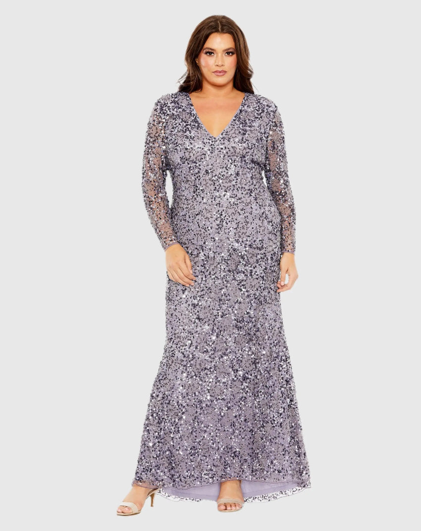 Purple V Neck Embellished Long Sleeve Gown