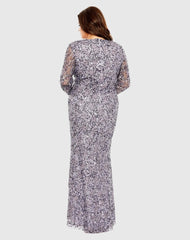 Purple V Neck Embellished Long Sleeve Gown