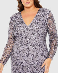 Purple V Neck Embellished Long Sleeve Gown