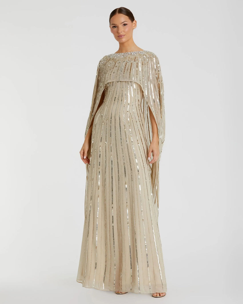 Gold Embellished Beaded Column Cape Gown