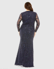 Navy Long Sleeve Mesh Embellished Gown