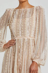 Pink Boat Neck Long Sleeve Gown With Striped Beading