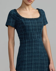 Petite Blue Short Sleeve Embellished Boucle Midi Dress