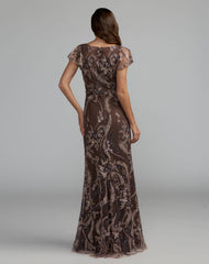 Petite Brown V-Neck Flutter Sleeve Floral Embroidered Gown
