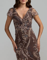 Petite Brown V-Neck Flutter Sleeve Floral Embroidered Gown