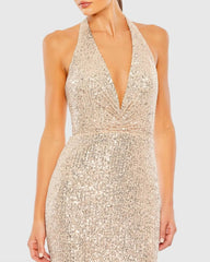 Gold Sequined Halter Strap Plunge Neck Gown