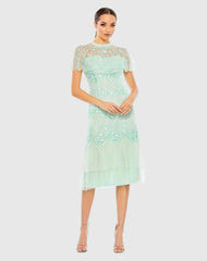 Green Embroidered Ruffled Cap Sleeve Midi Dress