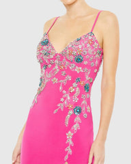 Pink Multi Color Beaded Floral Cami Gown
