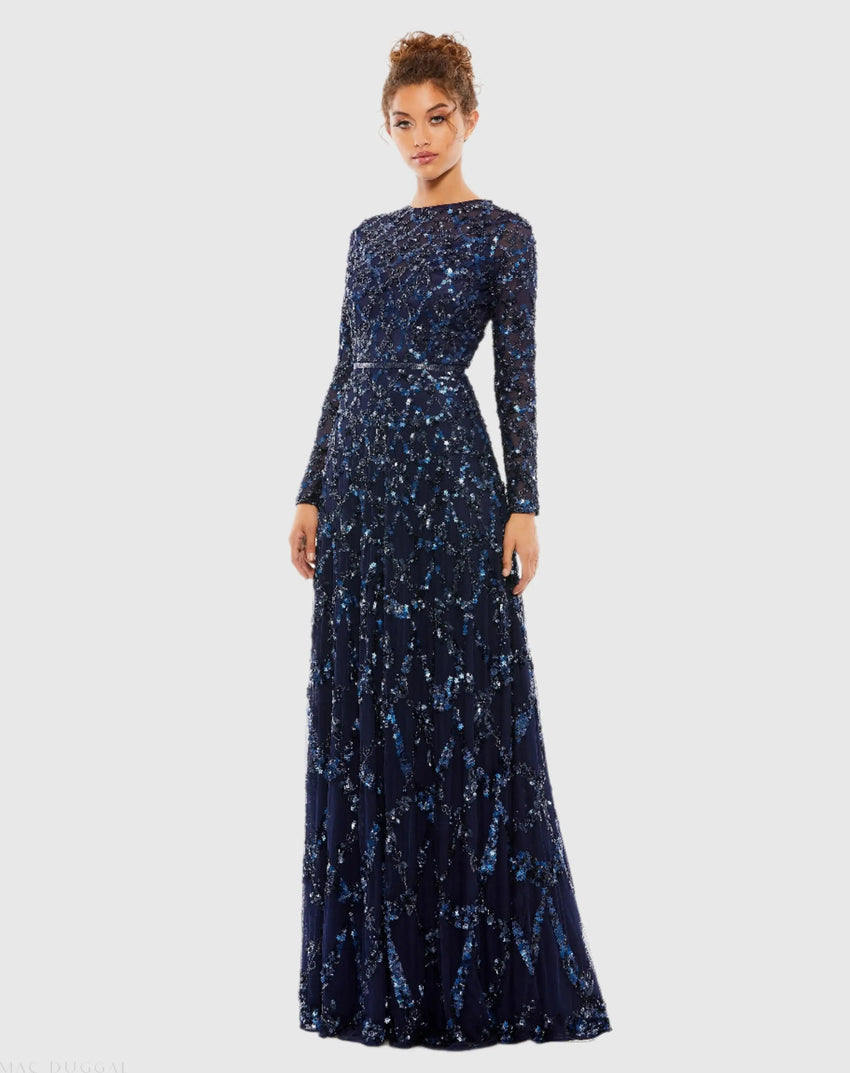Navy Embellished Illusion High Neck Long Sleeve A Line Gown
