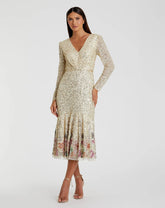Gold Multicolor Faux Wrap Long Sleeve Tea Length Dress - FINAL SALE