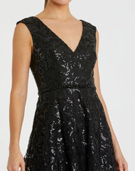 Black V Neck Cap Sleeve Sequin Dress
