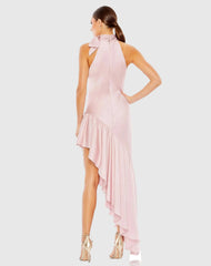 Pink Halter Neck Ruffled Asymmetrical Dress