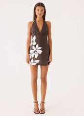 Agneta Halter Linen Mini Dress - Chocolate Tropic Floral