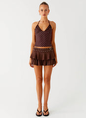 Bahama Eyelet Lace Up Top - Chocolate Strawberry Dot