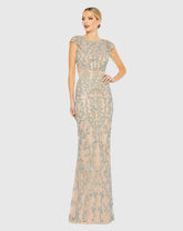 Beige Damask Sequin Embellished Open Back Lace Up Cap Sleeve Gown