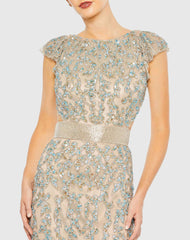 Beige Damask Sequin Embellished Open Back Lace Up Cap Sleeve Gown