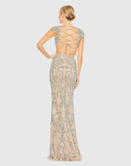 Beige Damask Sequin Embellished Open Back Lace Up Cap Sleeve Gown