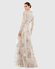 Beige Embellished Long Sleeve High Neck Rose Applique Gown