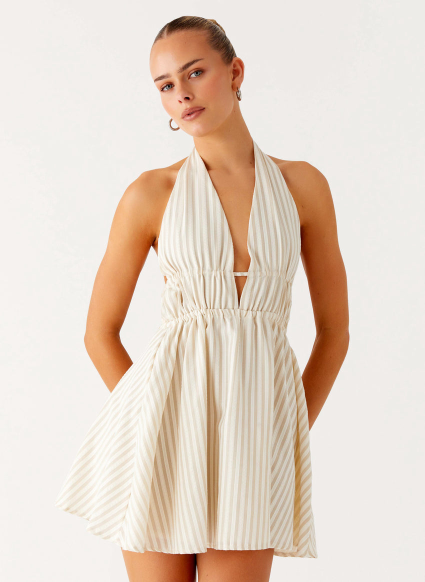 Figaro Halter Mini Dress - Taupe Stripe