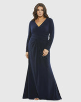 Navy Front Twist Long Sleeve V-Neck Gown (Plus)