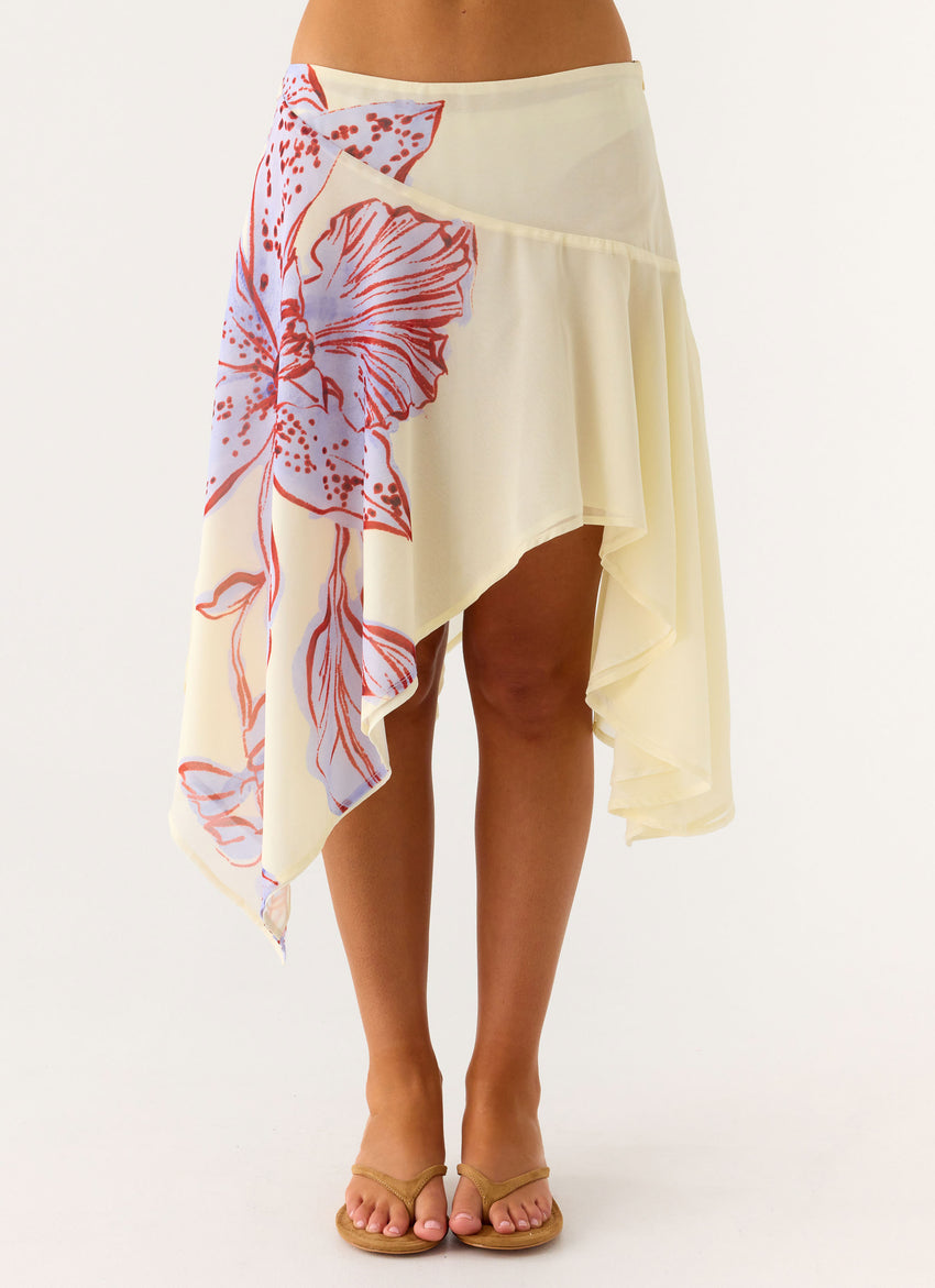 Kia Low Rise Asymmetrical Midi Skirt - Purple Floral