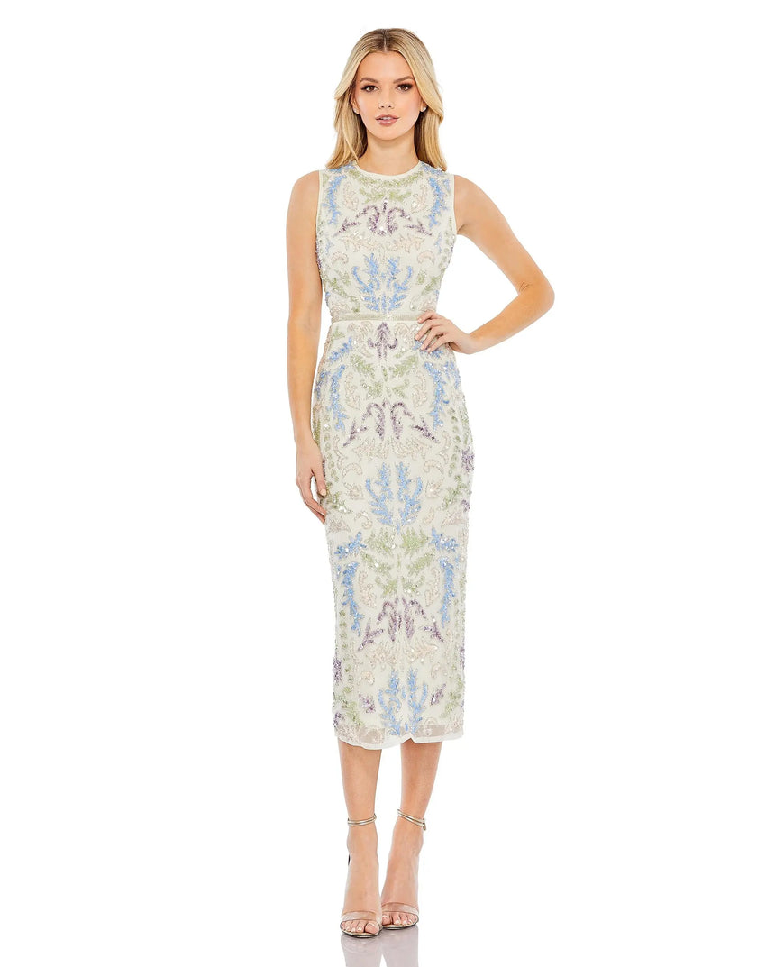 Multicolor Sleeveless Sequined High Neck Midi Sheath Dress