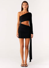 Wrapped Asymmetrical Mesh Dress - Black