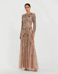 Beige Long Sleeve Floral Embellished A-line Gown