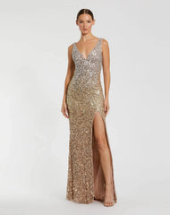 Shimmering Gold Sleeveless V-Neck Embellished Gown