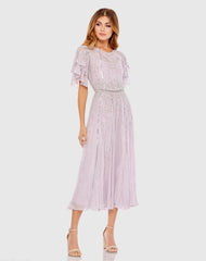 Purple High Neck Embellished Flutter Sleeve Midi Dress