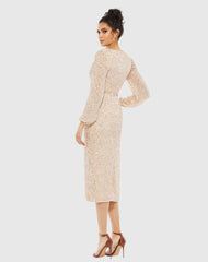 Beige Sequined Illusion Puff Sleeve V Neck Midi Dress